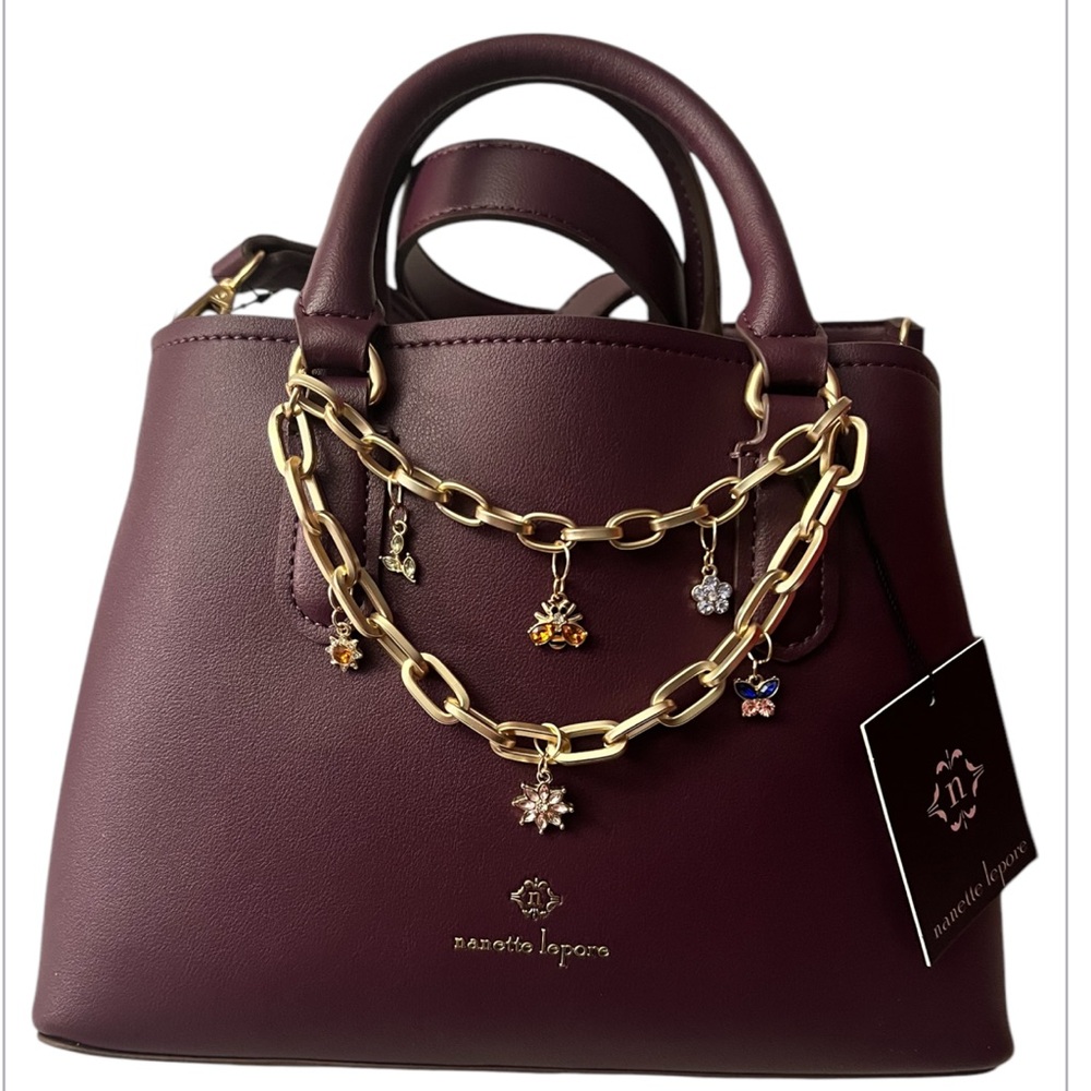Nanette Lepore Plum Leather Tote with Gold Chain Charm